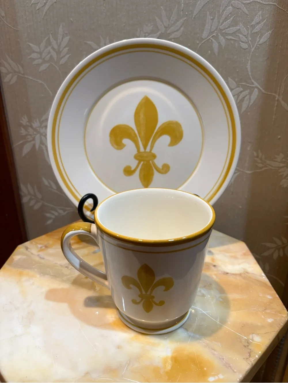Williams Sonoma White Ceramic Mug and Plate with Yellow Fleur-de-Lis